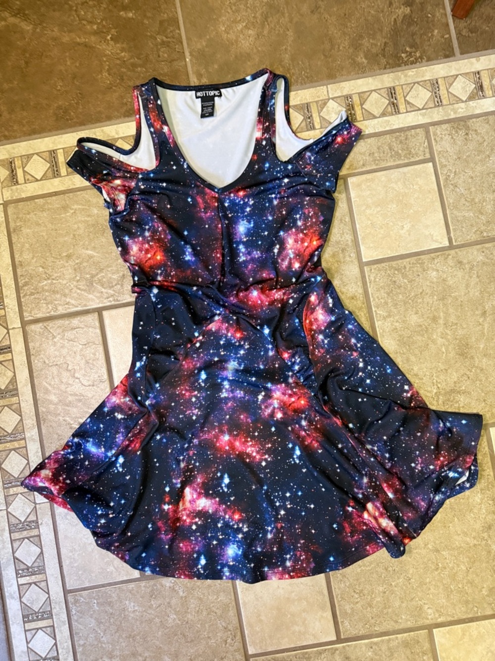 Hot Topic Galaxy Print Cold-Shoulder Skater Dress knee length